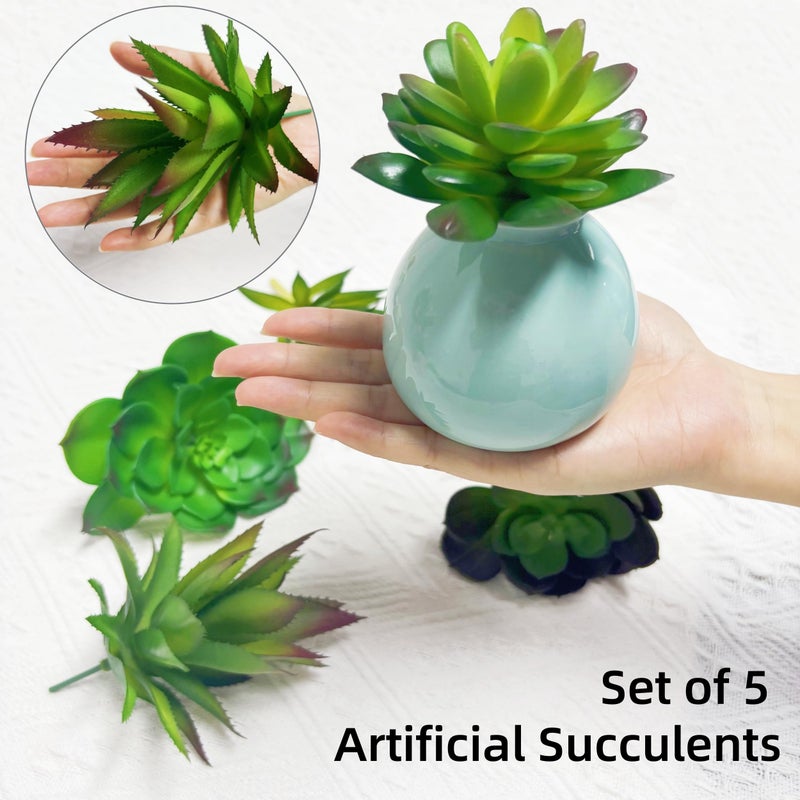 Hecaty 5 Pcs Faux Succulents Set, Realistic Fake Succulents, Artificial Hanging Ornaments Fleshed Plant Textured for Home Garden Wedding Party Spring Decoration (Green) - Image 3